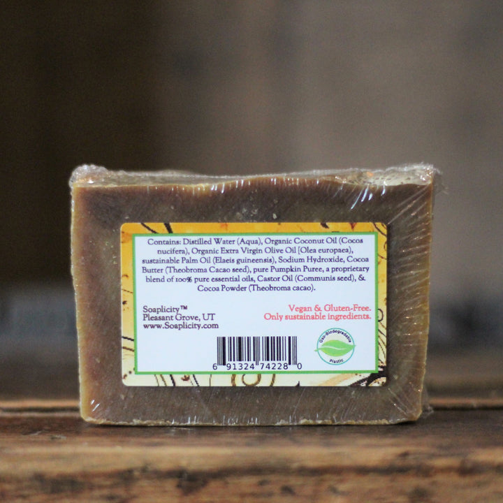 Soap bar with back ingredient label, vegan and gluten-free notes