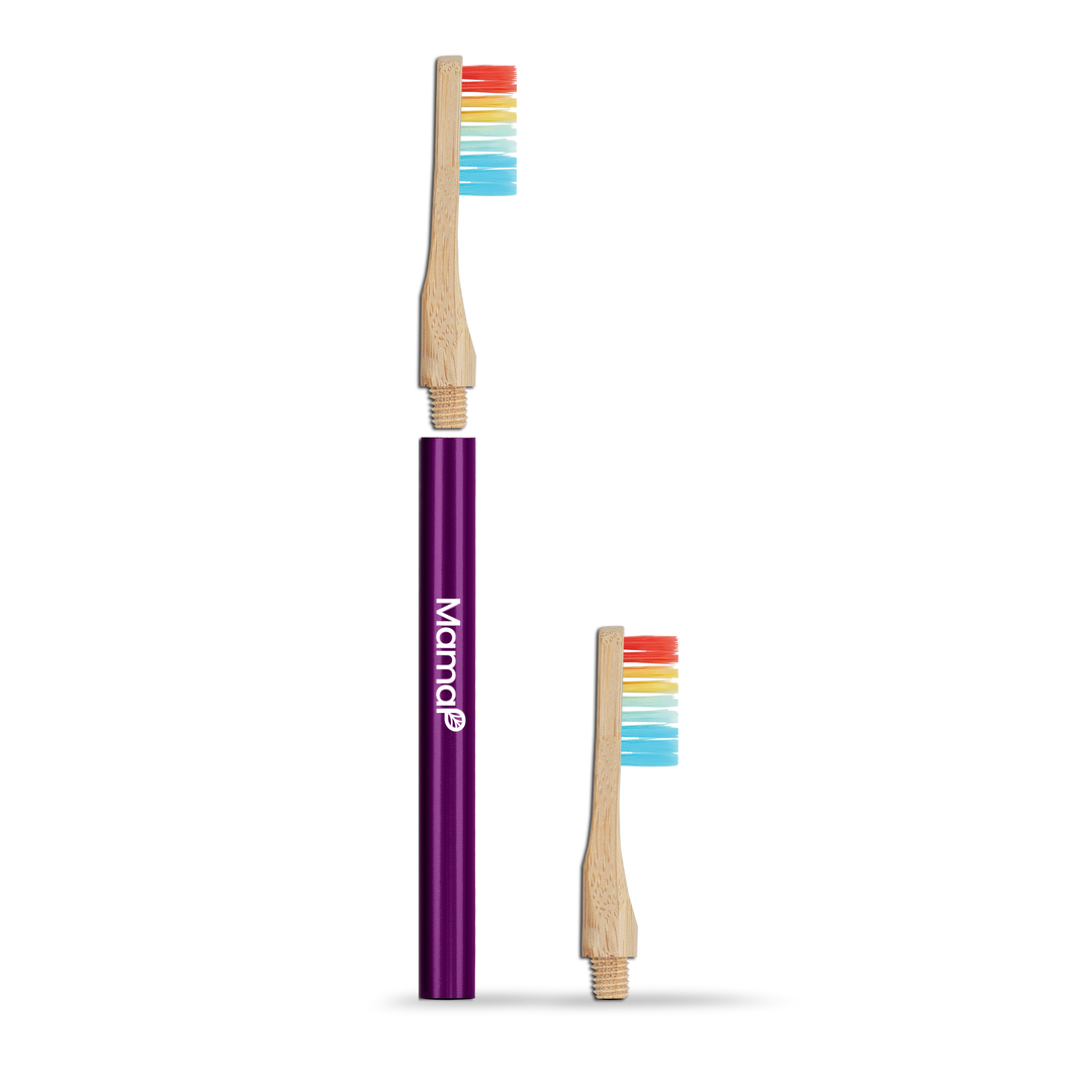 Revolve starter toothbrush set with two brushes: purple sleeve and bamboo handle, multicolor bristles.
