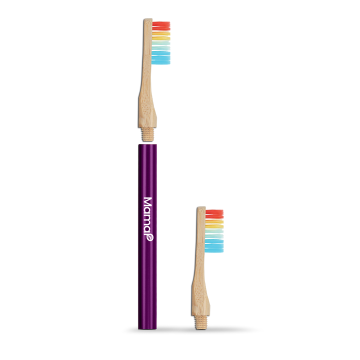 Revolve starter toothbrush set with two brushes: purple sleeve and bamboo handle, multicolor bristles.