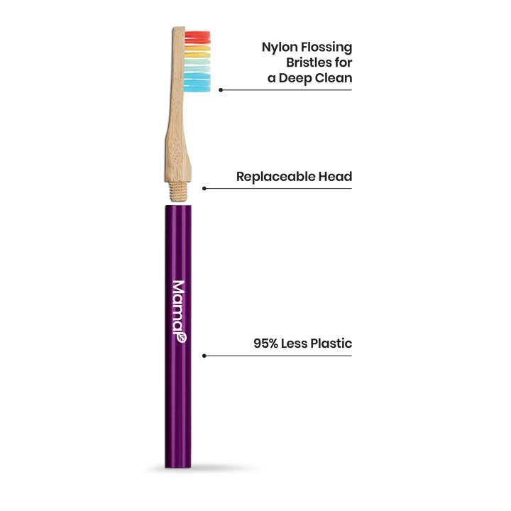 Revolve manual toothbrush with replaceable head; purple handle and wood neck