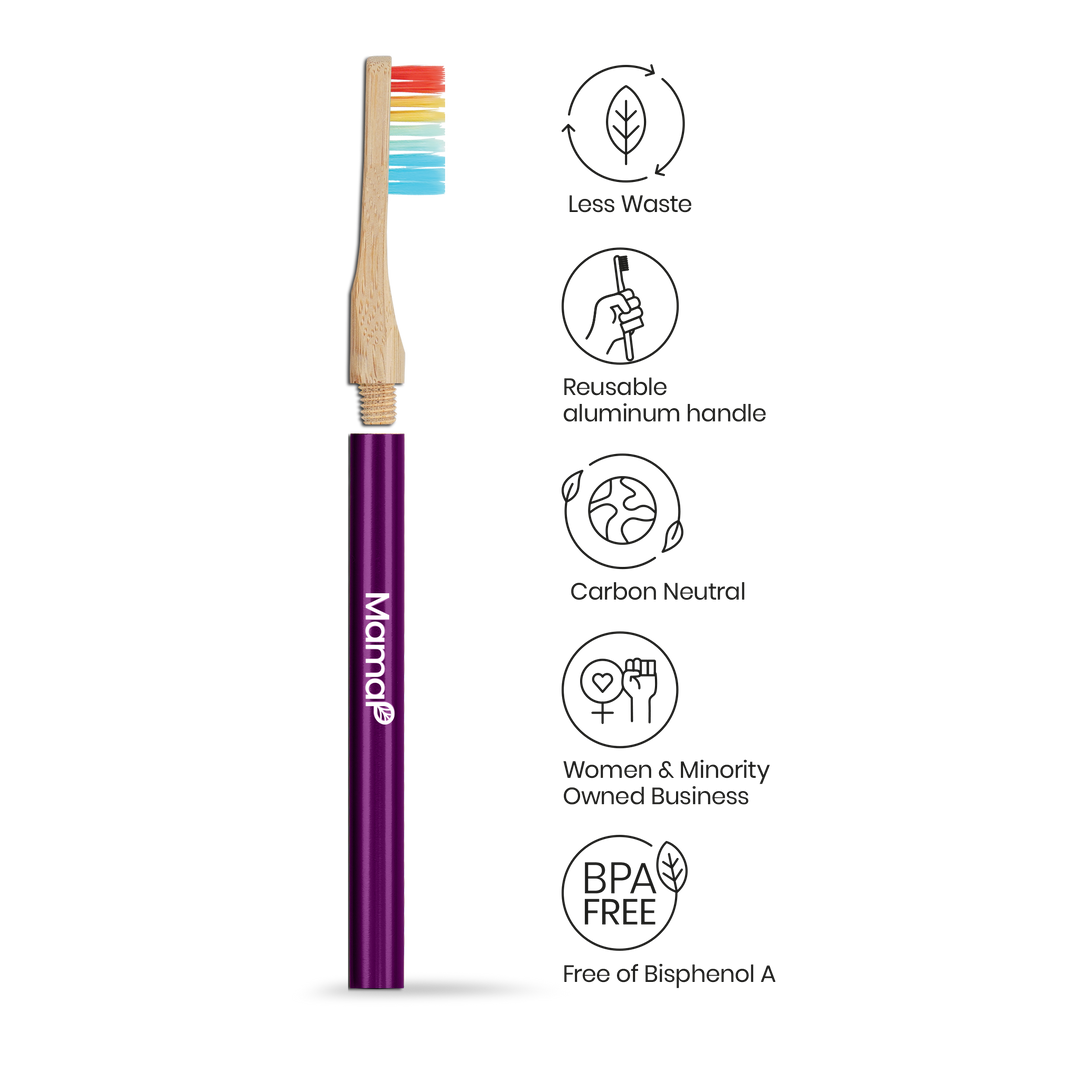 Revolve manual toothbrush with replaceable head; purple handle and wood neck, icon callouts