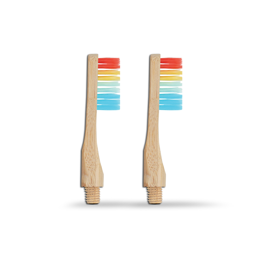 Revolve reusable bamboo toothbrush pair with multicolor bristles and natural wood-look handles.