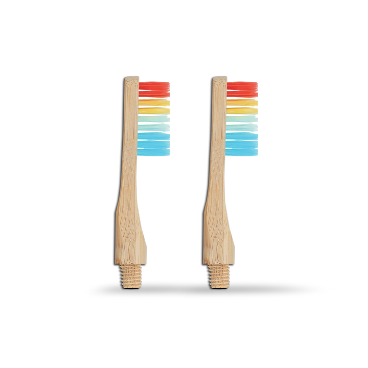 Revolve reusable bamboo toothbrush pair with multicolor bristles and natural wood-look handles.