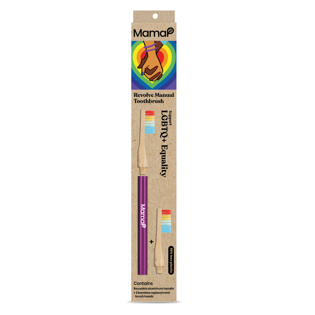 Revolve manual toothbrush set box with purple handle and replaceable heads