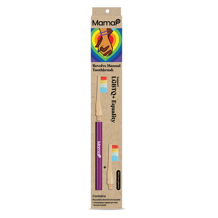Revolve manual toothbrush set box with purple handle and replaceable heads