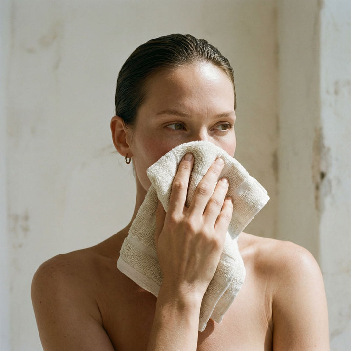 Ecru cotton towel used to dry skin, soft terry texture