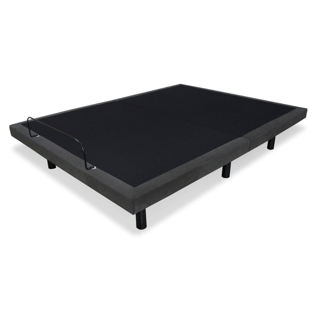 Queen adjustable bed frame base, dark upholstered mattress platform on black legs