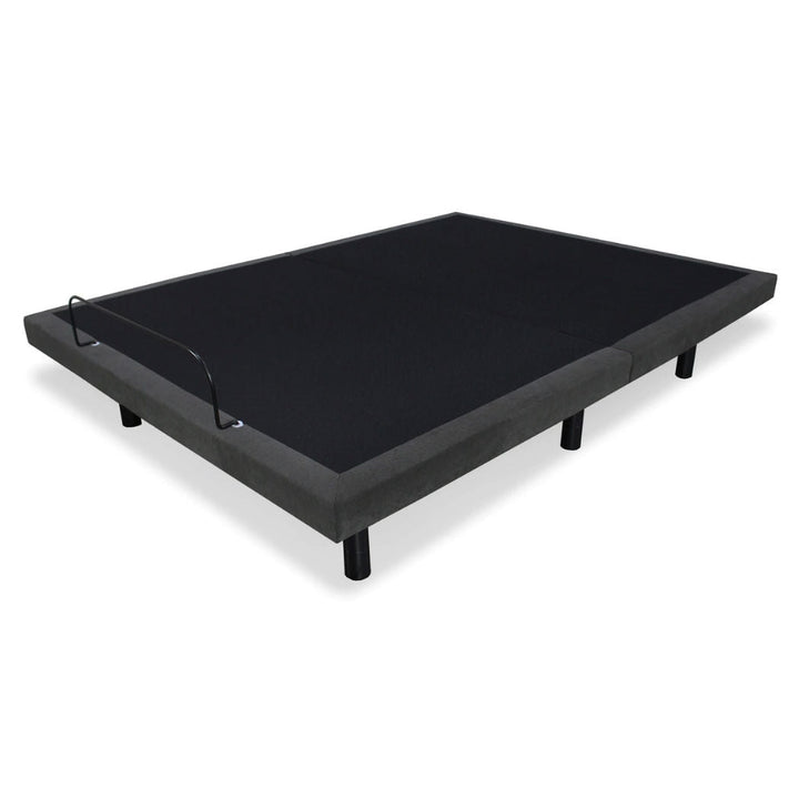 Queen adjustable bed frame base, dark upholstered mattress platform on black legs