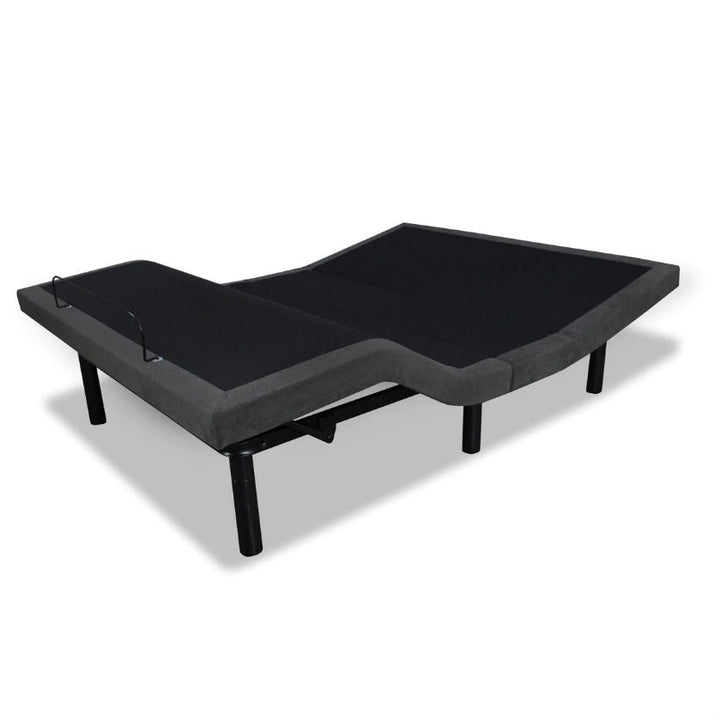 Queen adjustable bed frame base, dark upholstered dual sections with black legs