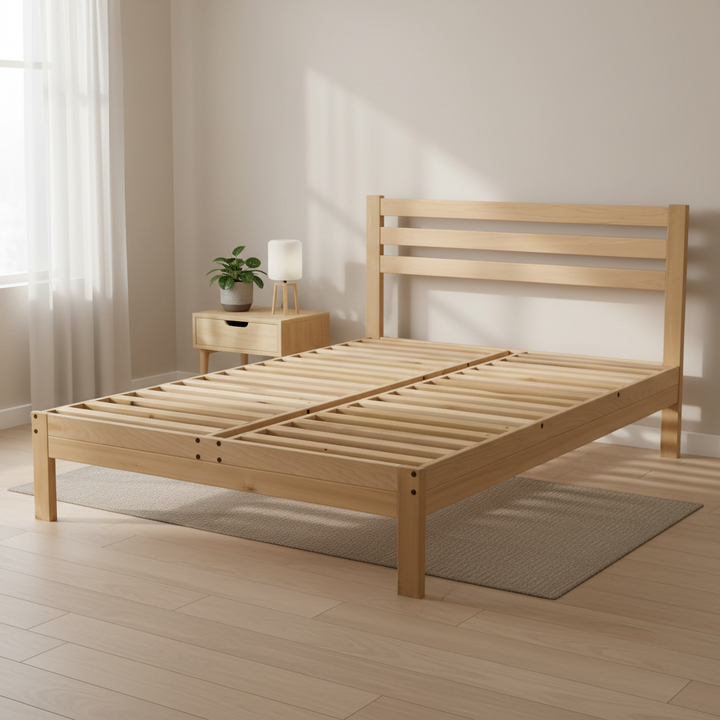 Queen size Solid Wood Platform Bed Frame with Slatted Headboard - Made in USA
