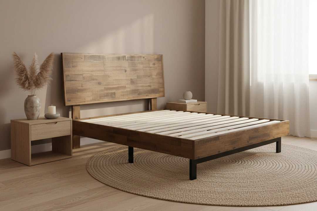 Queen Solid Wood Modern Platform Bed Frame with Adjustable Height Headboard