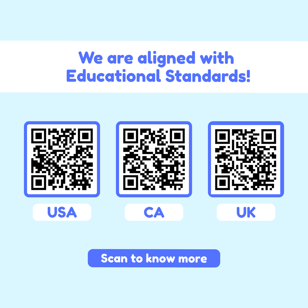 Squishyland educational standards QR codes for USA, CA, and UK.