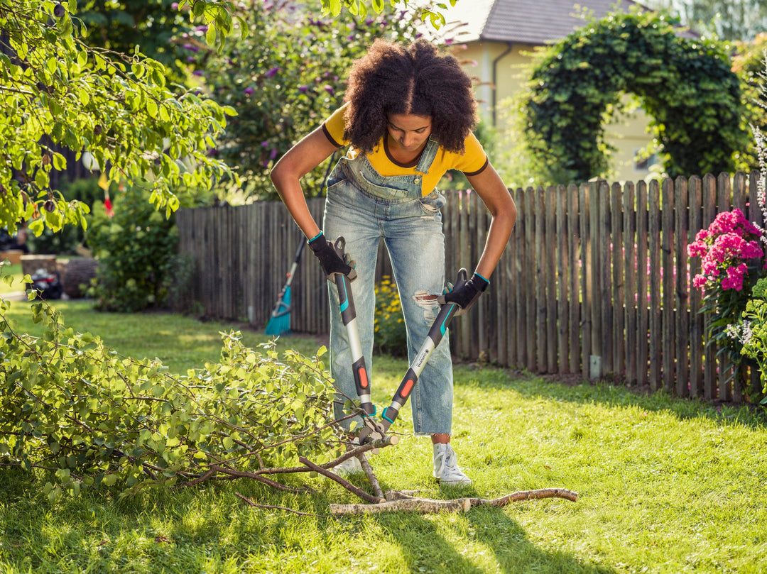 Pruning loppers in use with black blades and blue grips on long silver arms