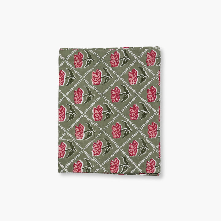 Olive linen table runner with pink-red handprinted floral pattern