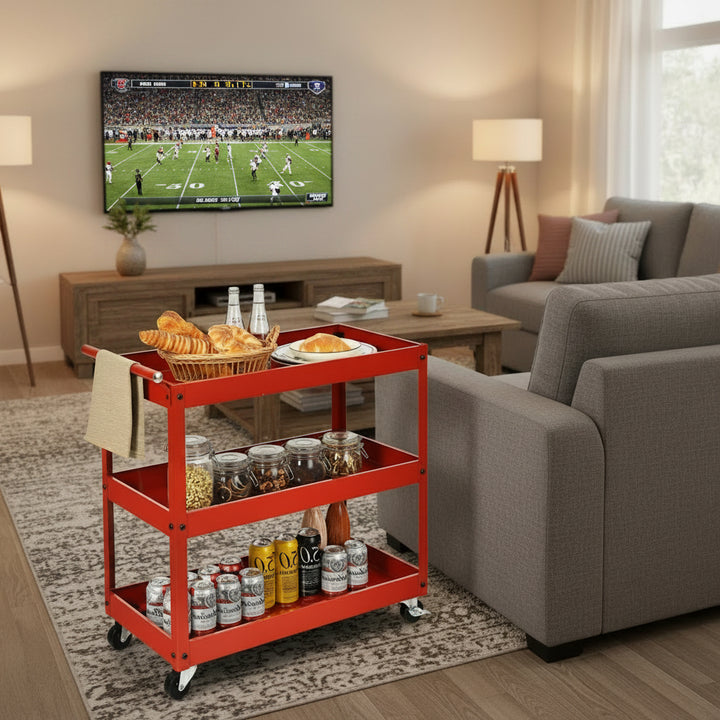 Red Steel Frame Kitchen Serving Utility Cart on Wheels with 2 Bottom Shelves