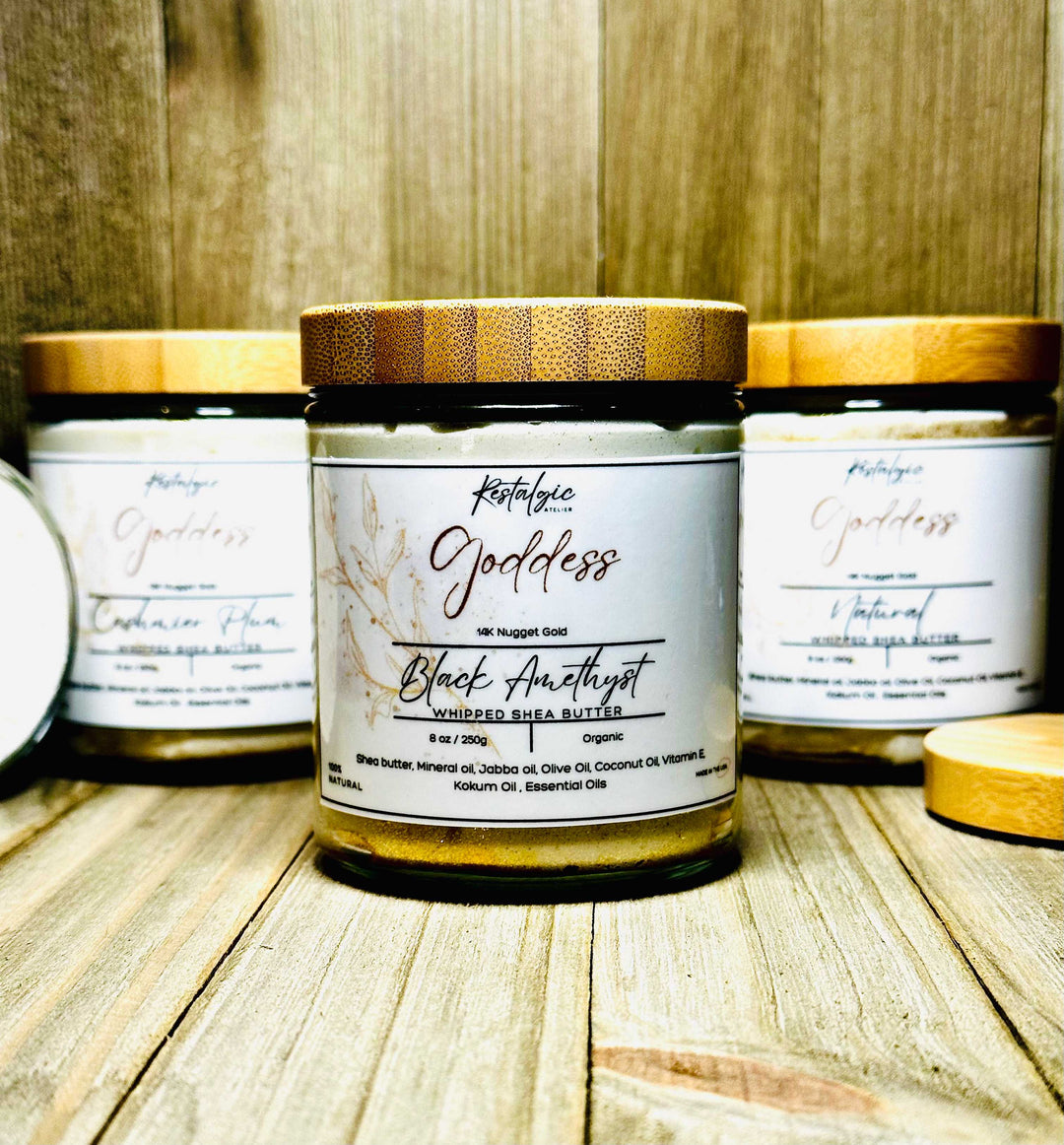 Shimmer body butter jar with gold cap, showing label text and gold-flecked details