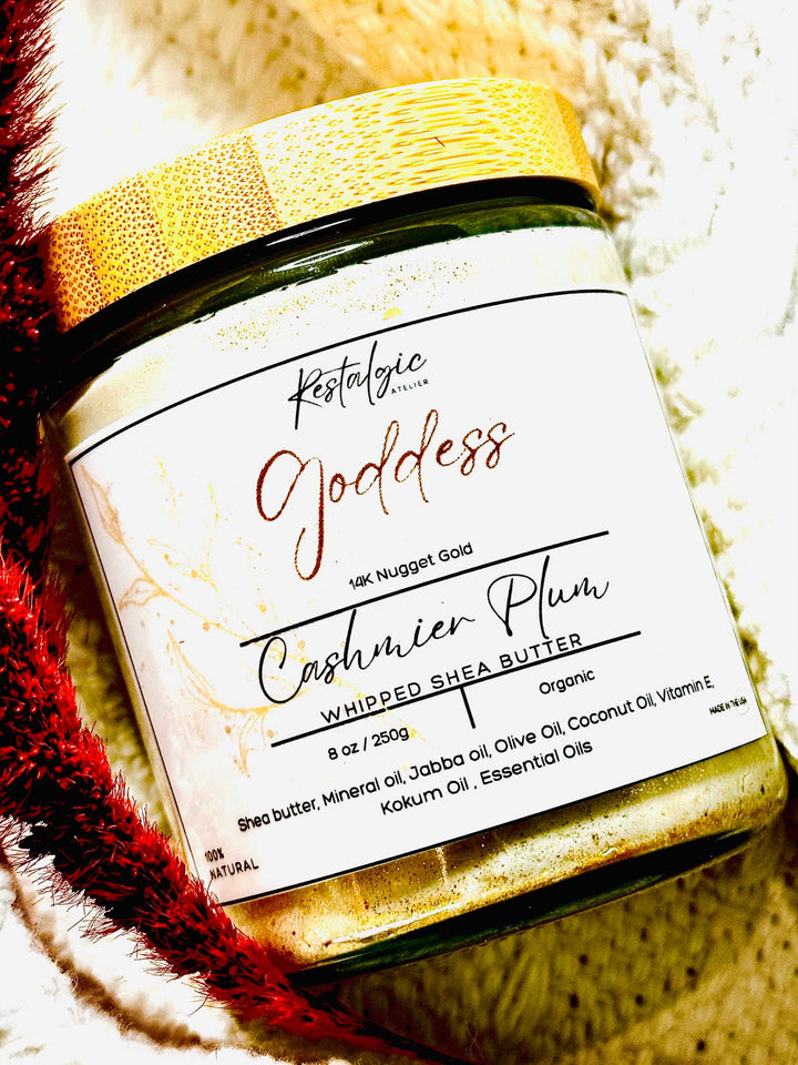 Shimmer body butter jar close-up with gold cap and bold label text