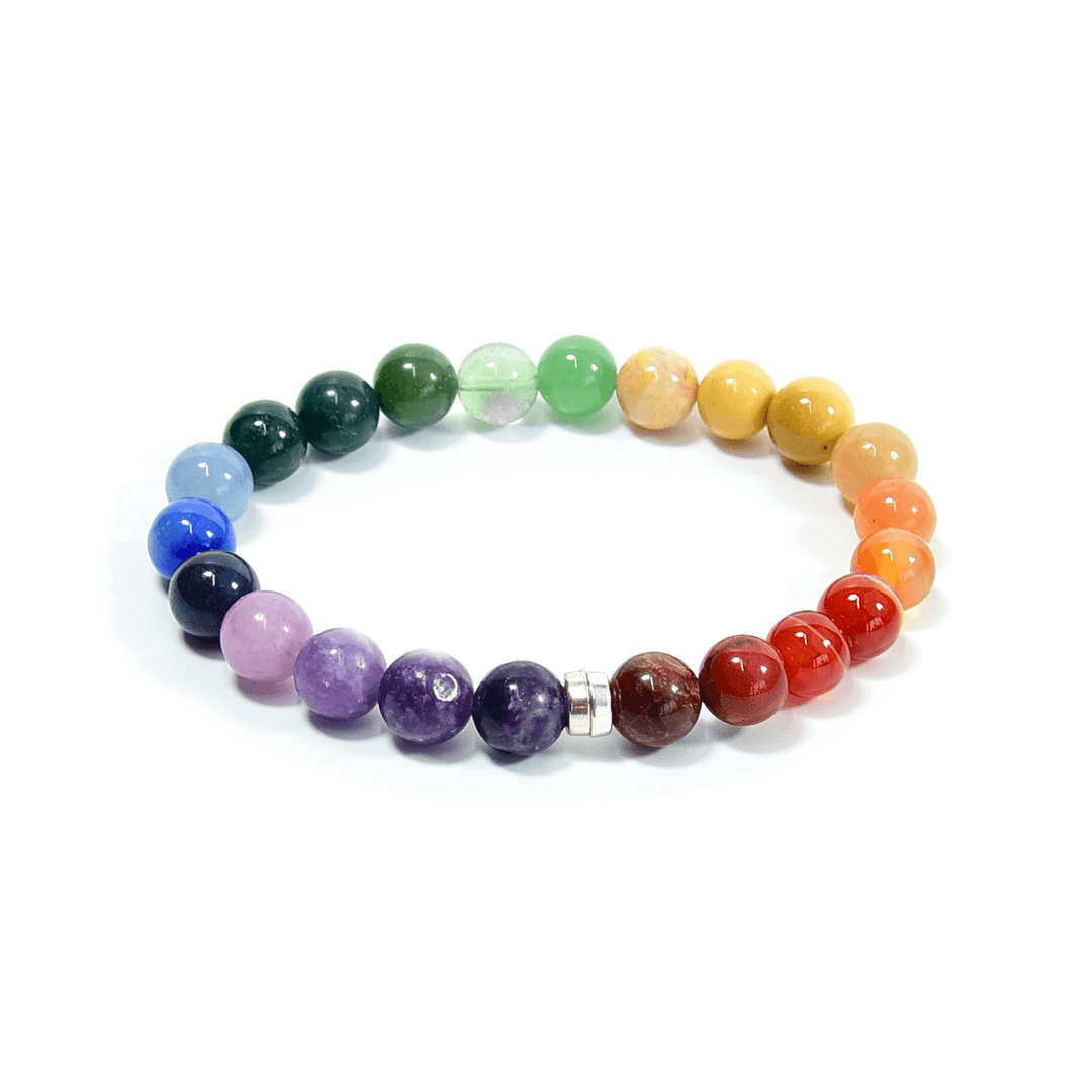 Rainbow beaded bracelet with round gemstone beads and silver clasp