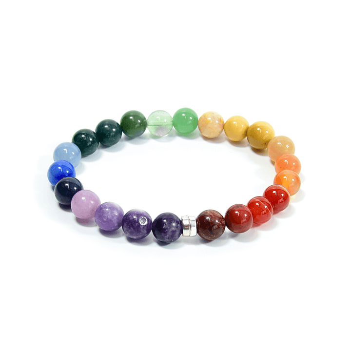 Rainbow beaded bracelet with round gemstone beads and silver clasp