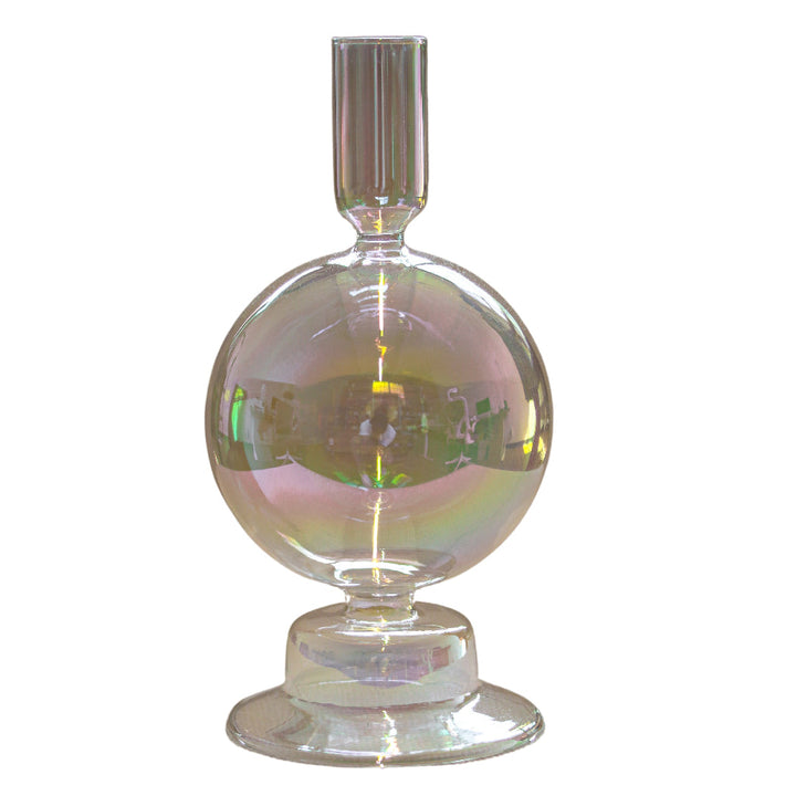 Iridescent glass candle holder with round prism bauble base and fluted cylindrical cup