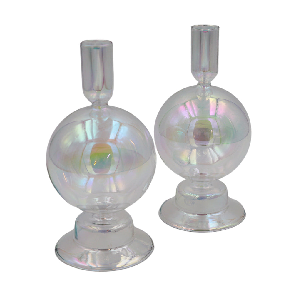 Pair iridescent glass candle holders with round bauble bowls and ribbed cylindrical cups