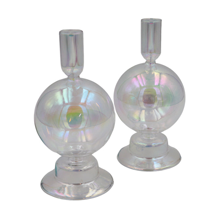 Pair iridescent glass candle holders with round bauble bowls and ribbed cylindrical cups