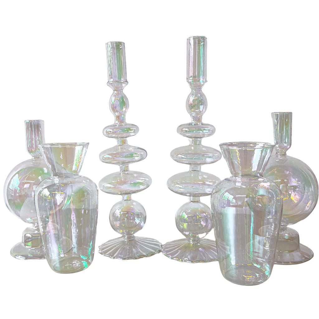 Cluster of iridescent glass prism candle holders with round bauble bases and cups