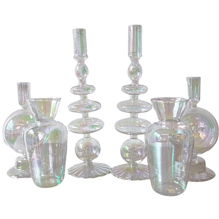 Cluster of iridescent glass prism candle holders with round bauble bases and cups