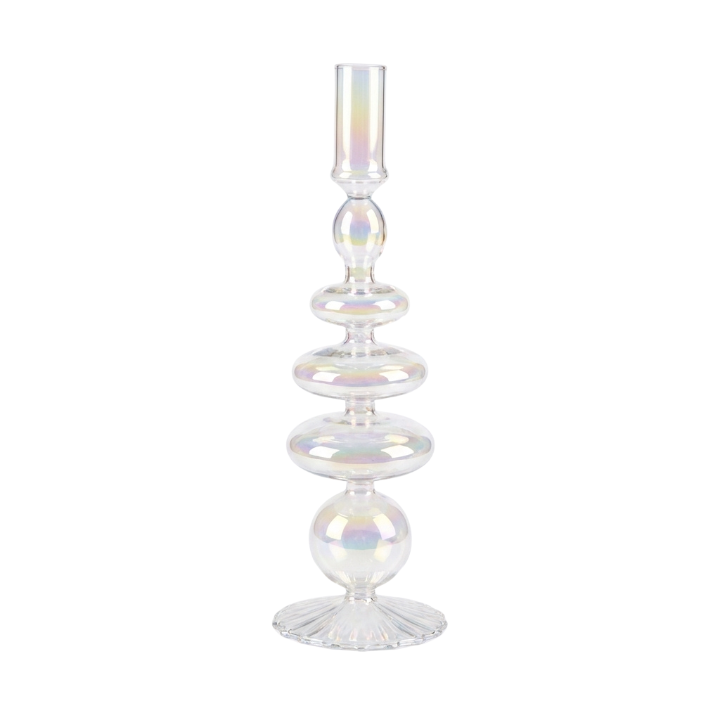Rainbow prism glass candle holder with stacked disc tiers and fluted base