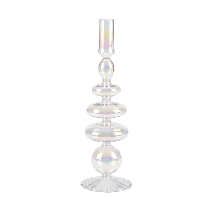 Rainbow prism glass candle holder with stacked disc tiers and fluted base