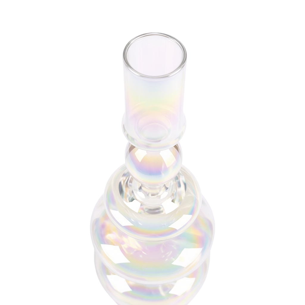 Rainbow prism glass candle holder cup on faceted pedestal with iridescent glow