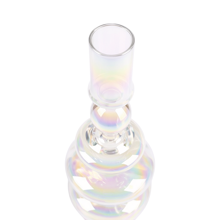 Rainbow prism glass candle holder cup on faceted pedestal with iridescent glow