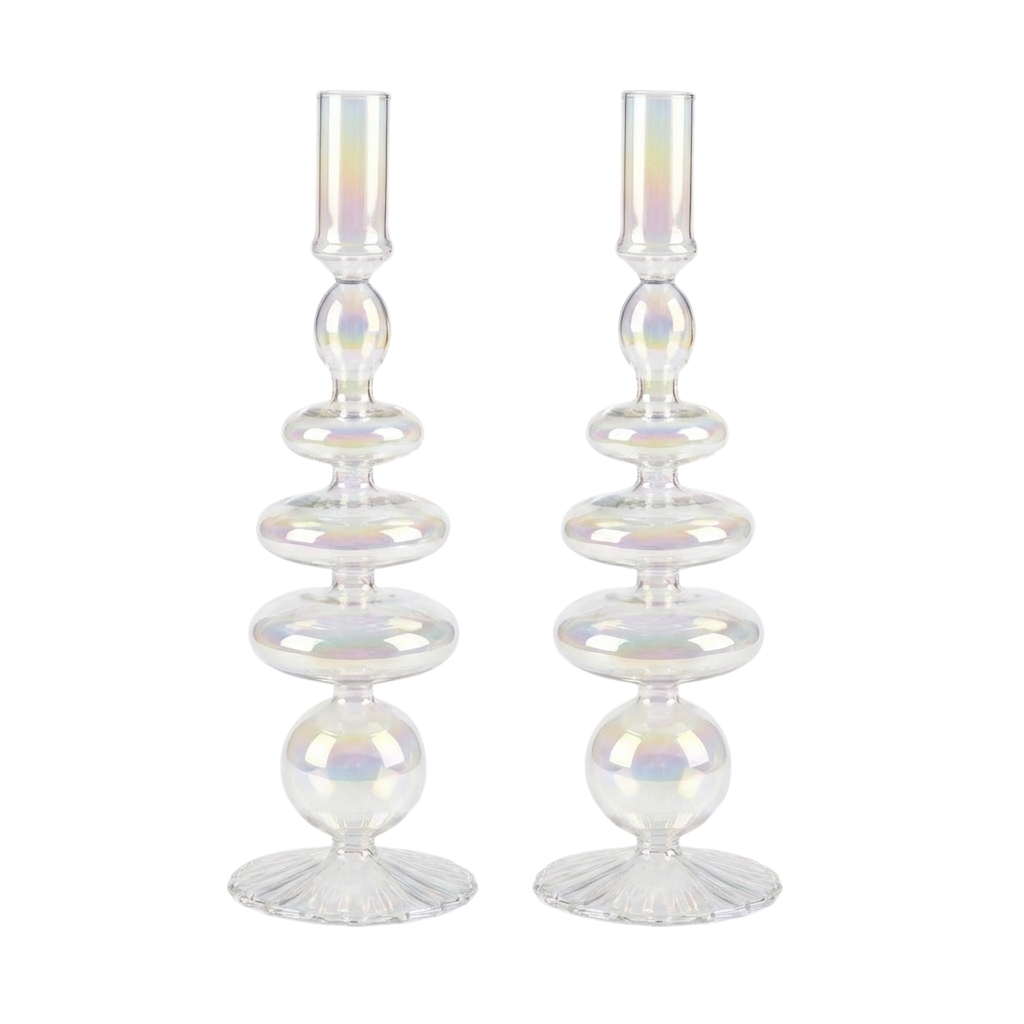 Prism glass candle holder pair, tiered pedestal bases with rainbow iridescent finish