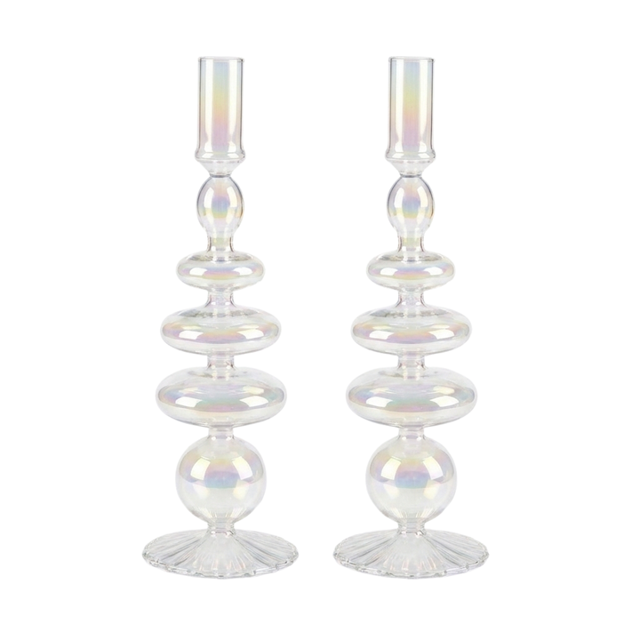 Prism glass candle holder pair, tiered pedestal bases with rainbow iridescent finish