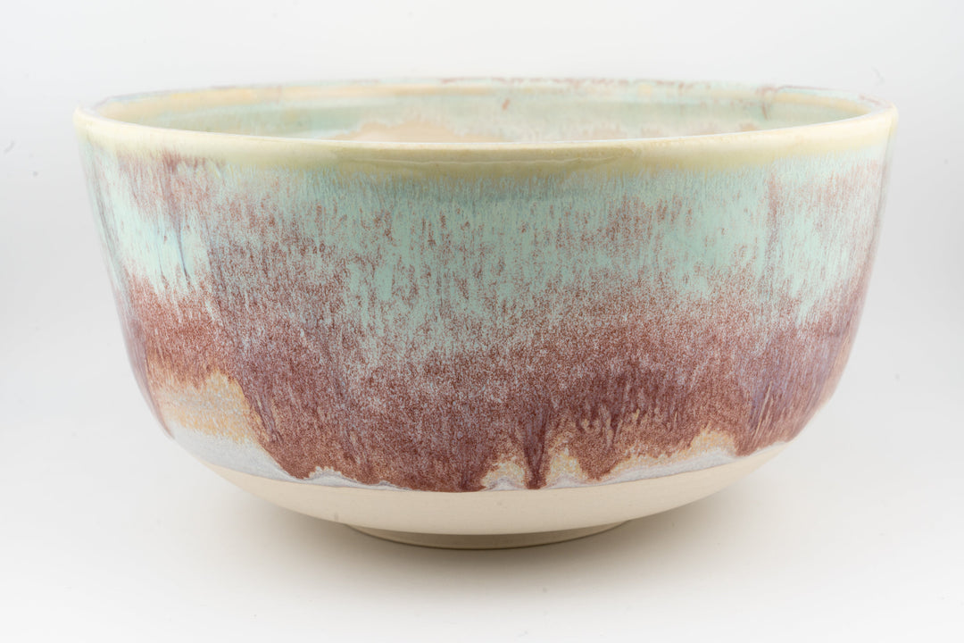 Ceramic large bowl with marbled brown and green glaze, wide rim