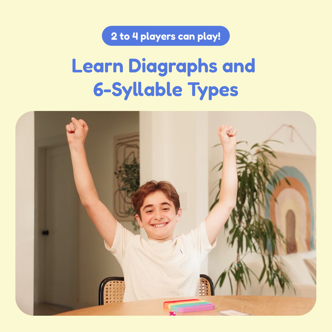 Child playing a digraph and syllable types game with pop-it tiles at a table