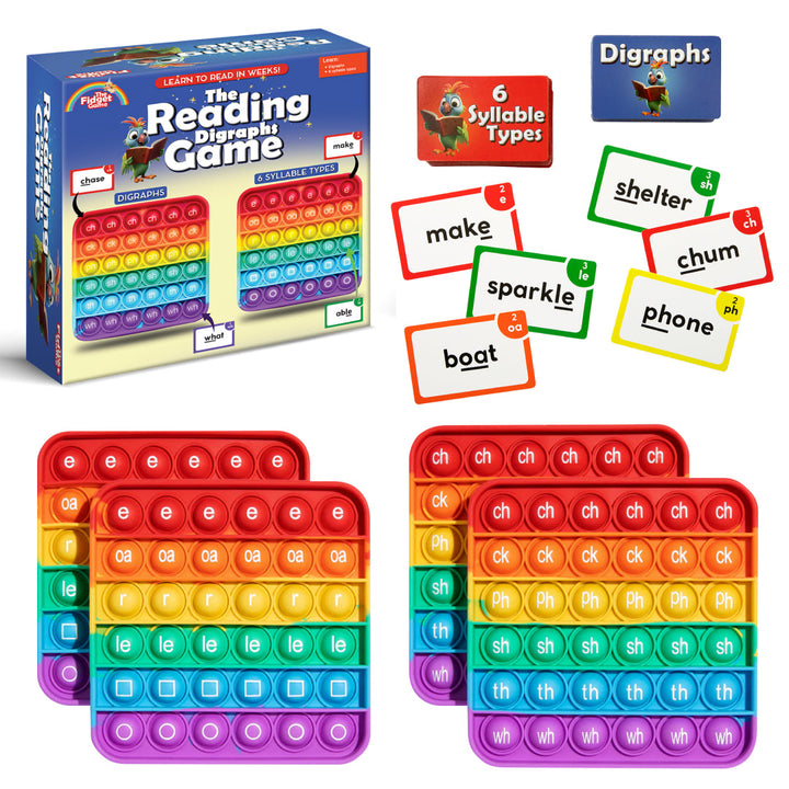 Reading digraphs educational board game with colorful pop-it style tiles and word cards