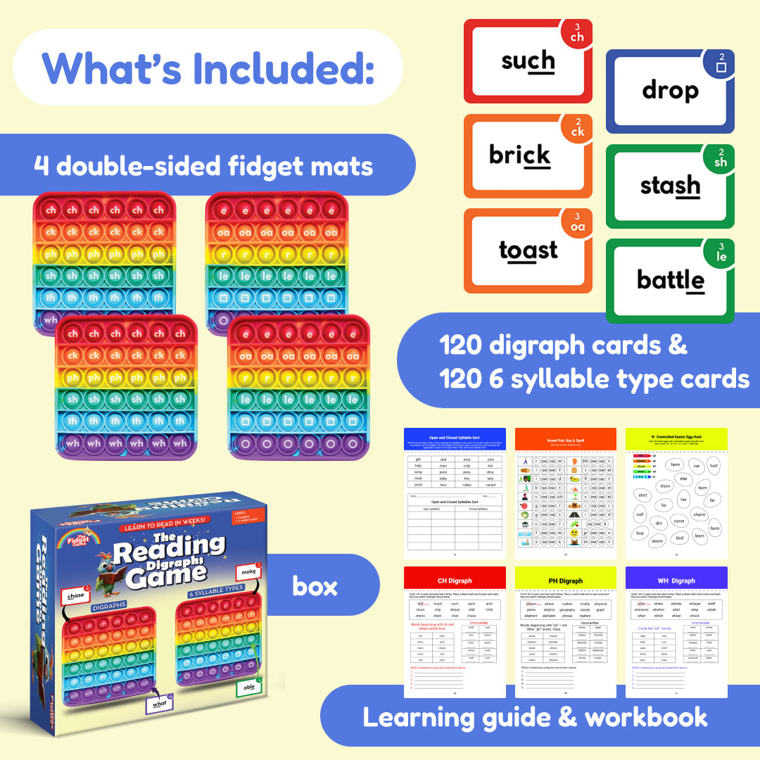 Game contents shown: 4 double-sided fidget mats and digraph card sets