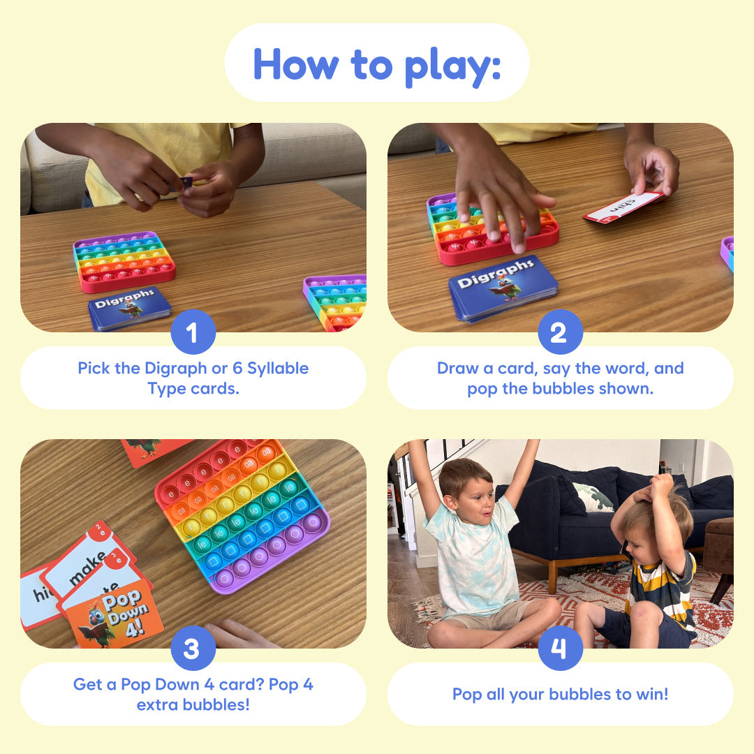 Game play steps: pick cards, draw words, and pop bubbles to earn points