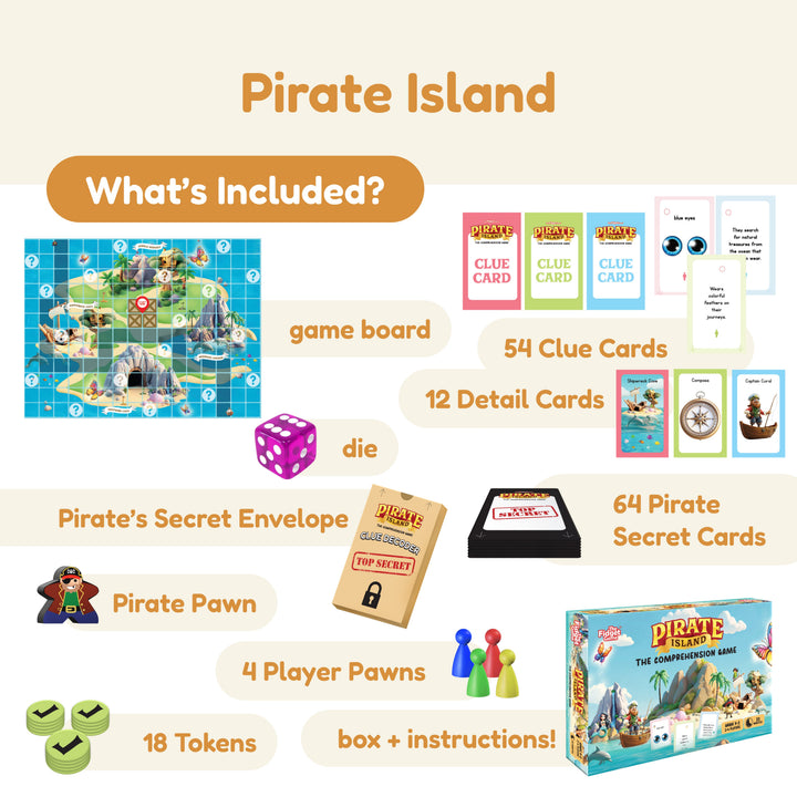 Pirate Island game set with clue cards, detail cards, secret cards, and player pawns
