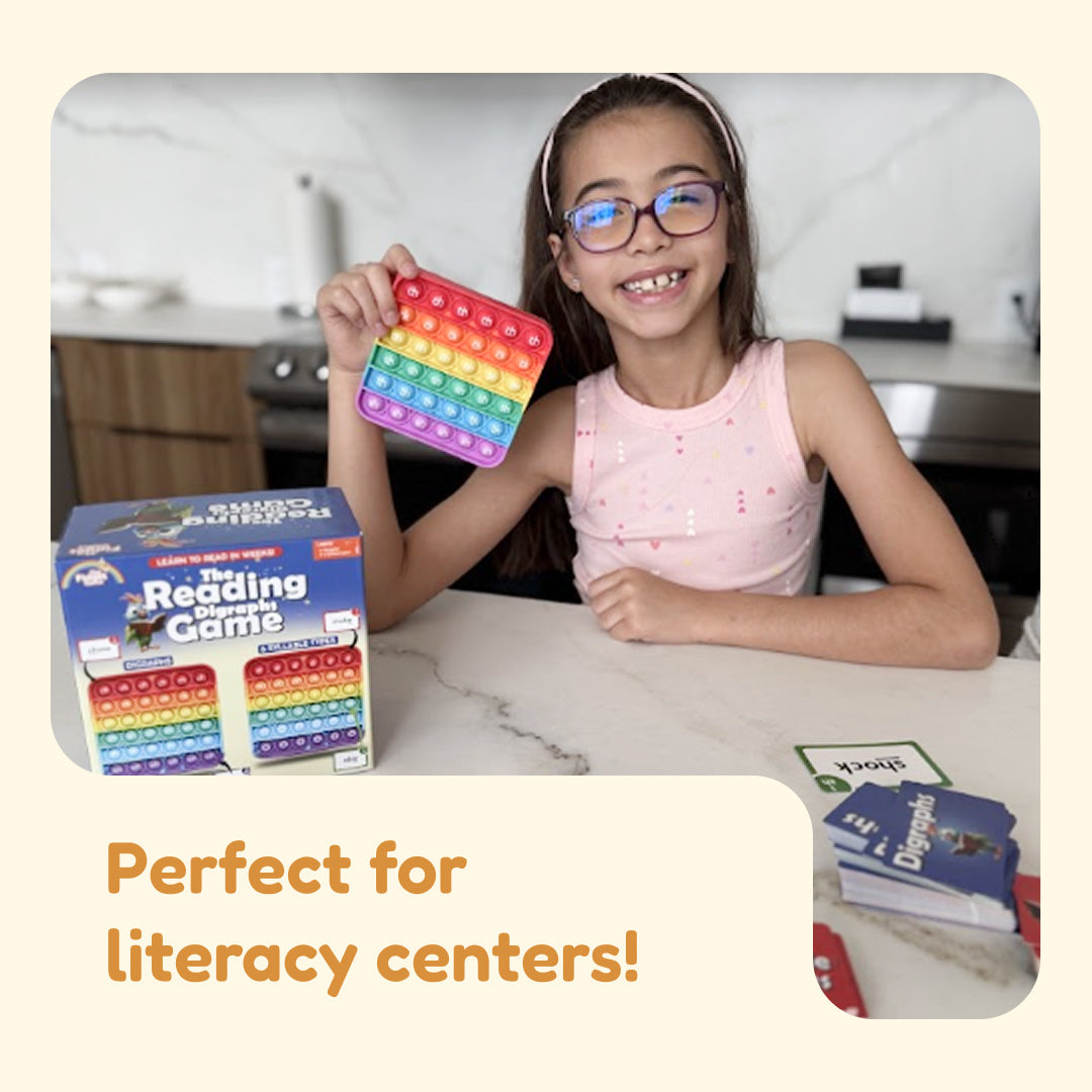Child holding a reading game box while using a colorful fidget-style grid board