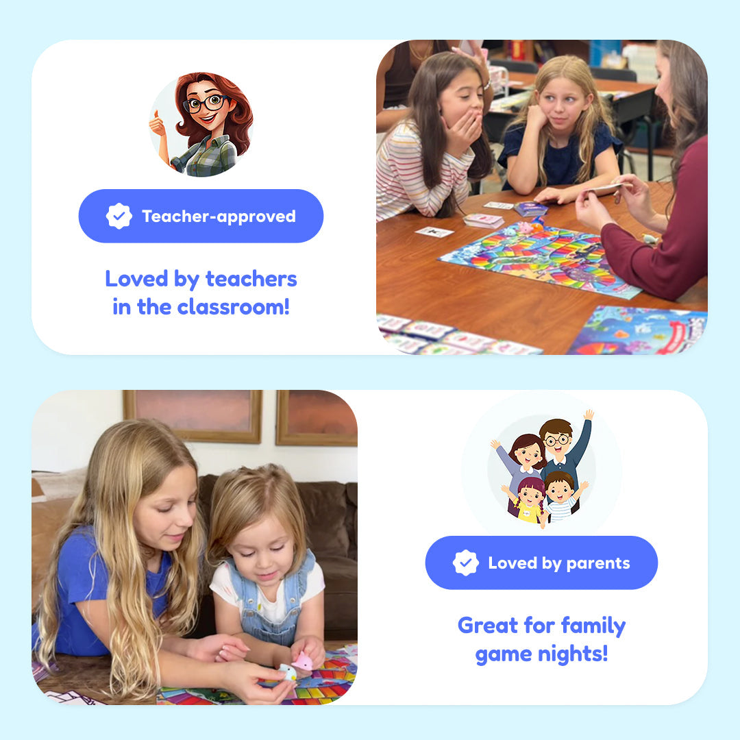 Children seated at table playing with reading board game materials