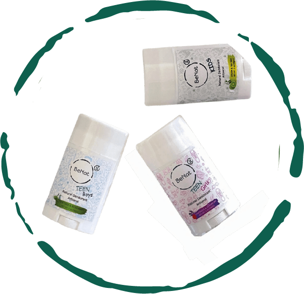 BeNat natural deodorant sticks for teen boys and teen girls, assorted scents