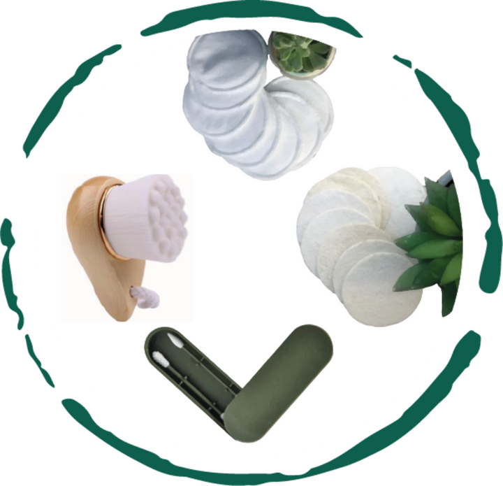 Facial cleansing pad set with wooden brush and dark green storage case