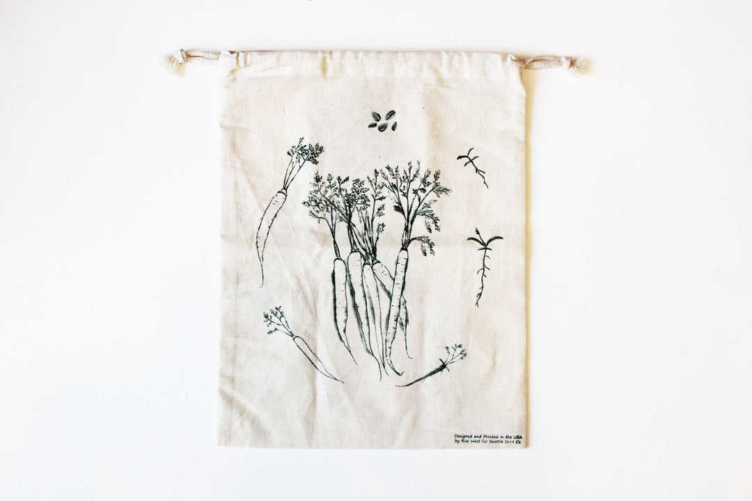 Cream reusable cotton produce bag with drawstring and botanical print