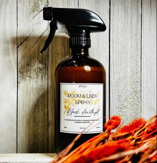 Amber glass room &amp; linen spray bottle with black trigger sprayer and Black Amethyst label
