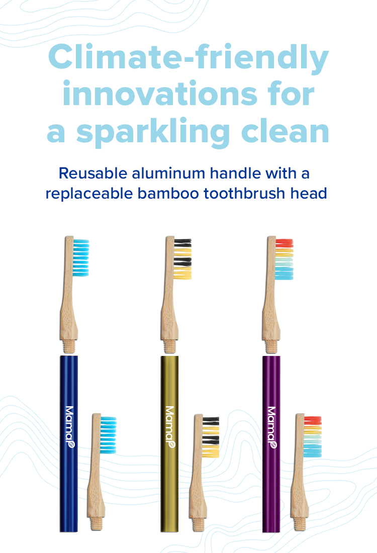 Revolve starter toothbrush set with three reusable bamboo-handled brushes, blue, yellow, and purple.