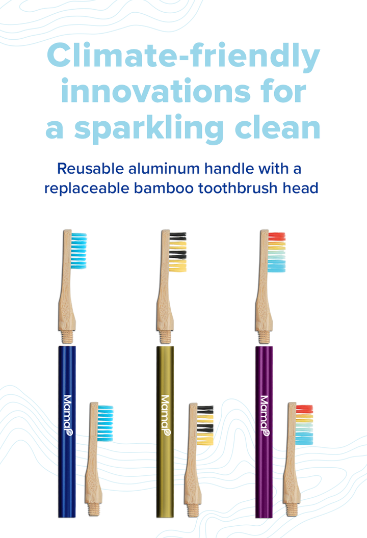 Revolve starter toothbrush set with three reusable bamboo-handled brushes, blue, yellow, and purple.
