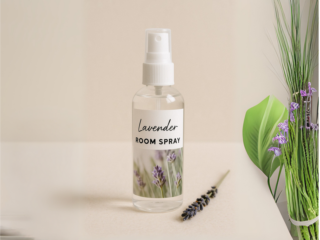 Lavender room spray bottle with white pump, botanical label, and spray bottle silhouette