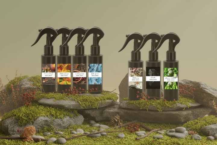 Room spray and linen spray bottle set with black pump triggers, assorted scents